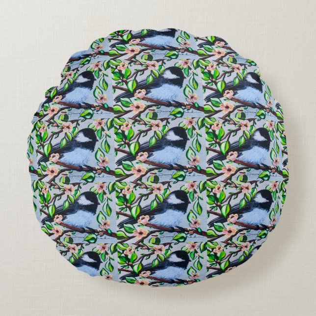 Chickadee Pouf Pillow Rond Kussen (Voorkant)