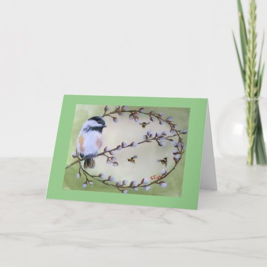 Chickadee, Pussy Willow Folded Announcement Kaart (Voorkant)