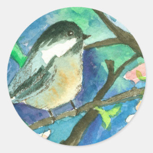 Chickadee Vogelboom takken Waterverf schilderij Ronde Sticker