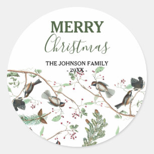 Chickadee Vogels Bessen & Pinecones Kerstmis Ronde Sticker