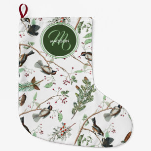 Chickadee Vogels Bessen & Pinecones Monogrammed Grote Kerstsok