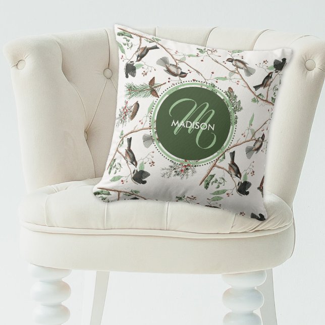 Chickadee Vogels Bessen & Pinecones Monogrammed Kussen (Chickadee Birds Berries & Pinecones Monogrammed Throw Pillow)
