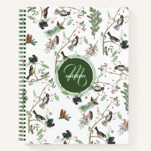 Chickadee Vogels Bessen & Pinecones Monogrammed Notitieboek