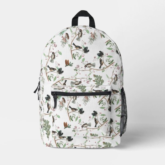 Chickadee Vogels Bessen & Pinecones Waterverf Bedrukte Rugzak (Voorkant)