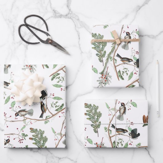 Chickadee Vogels Bessen & Pinecones Waterverf Inpakpapier Vel (Voorkant)