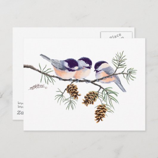 CHICKADEES EN PINECONES VAN SHARON SHARPE BRIEFKAART (Voorkant / Achterkant)