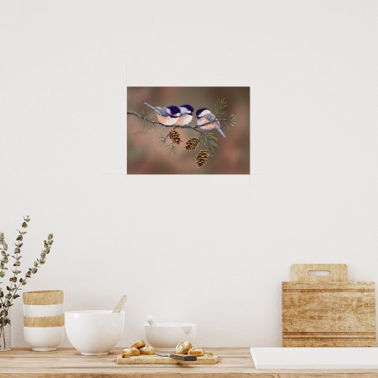 CHICKADEES EN PINECONES VAN SHARON SHARPE POSTER (Keuken)