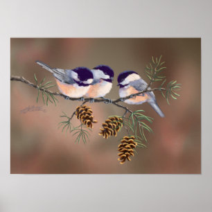 CHICKADEES EN PINECONES VAN SHARON SHARPE POSTER