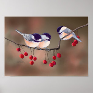 CHICKADEES EN RED BERRIES VAN SHARON SHARPE POSTER