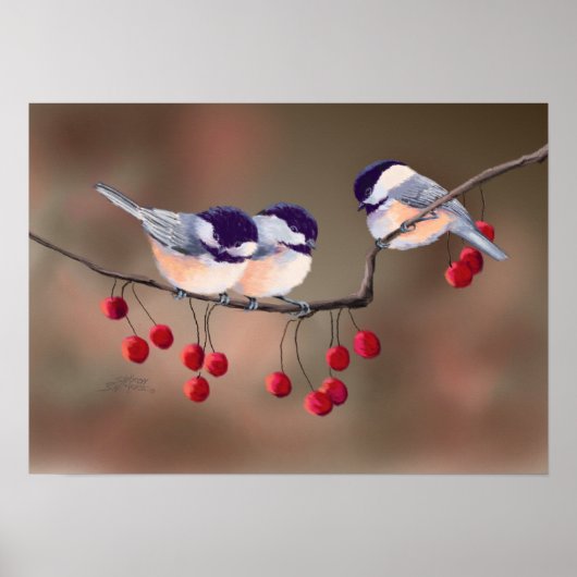 CHICKADEES EN RED BERRIES VAN SHARON SHARPE POSTER (Voorkant)