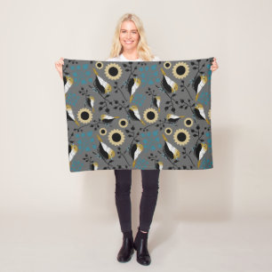 Chickadees Flowers Berries Blauwgroen Gold Black Fleece Deken