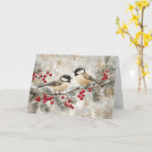 Chickadees op Evergreen met rode bessen Kaart (Gele Bloem)