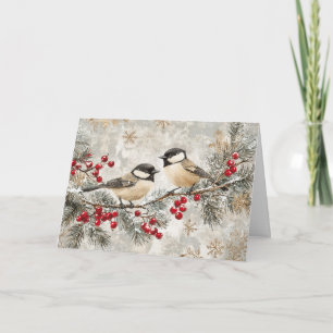 Chickadees op Evergreen met rode bessen Kaart