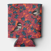 Chickadevogels op blauwbes-takken op sinaasappel blikjeskoeler (Voorkant)