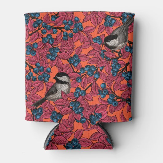 Chickadevogels op blauwbes-takken op sinaasappel blikjeskoeler (Voorkant)