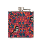 Chickadevogels op blauwbes-takken op sinaasappel heupfles (Achterkant)