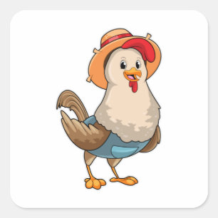 Chicken as Farmer with Hat Vierkante Sticker