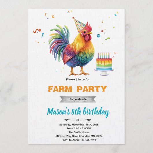 Chicken Birthday Party Invitation Kaart (Voorkant)
