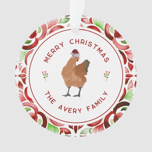 Chicken Christmas Rode & Groene Waterverf Ornament (voorkant)