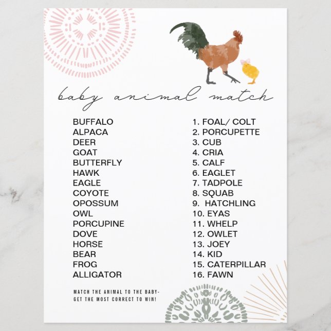Chicken Girl Baby shower Animal Match Game (Voorkant)