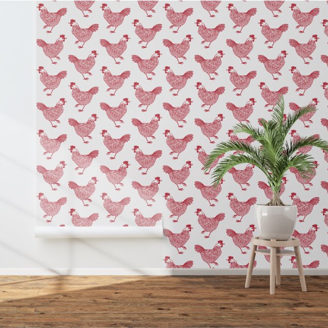 Chicken Hen Boerderij Land Rood Wit Behang (Chicken hen poultry art wallpaper)