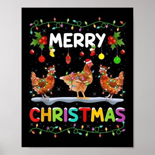 Chicken Merry Christmas Lights Santa Hat Funny Chi Poster (Voorkant)