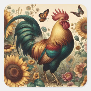  Chicken Rooster Esthetisch en Wildflower Vierkante Sticker