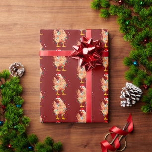 Chicken Santa Hat Kerstrood Cadeaupapier