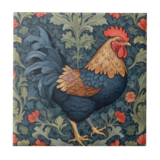Chicken William Morris stijl Rechts tegenover Haan Tegeltje (Voorkant)