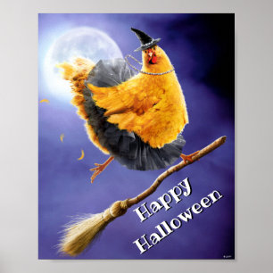 Chicken Witch op Broomstick Poster