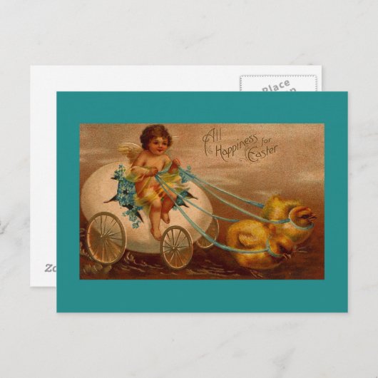CHICKS PULLING EGG WAGON FANTASY EASTER BRIEFKAART (Voorkant / Achterkant)