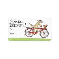 Chien à vélo avec écureuil ami Étiquettes cadeaux