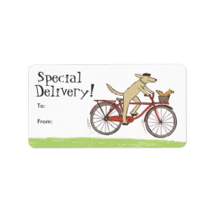 Chien à vélo avec écureuil ami Étiquettes cadeaux