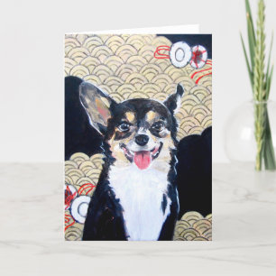 Chien avec la carte de voeux de kimono