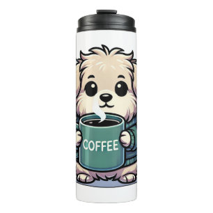 Chien avec tasse de café sur un thermos