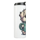 Chien avec tasse de café sur un thermos (Tourné sur la gauche)