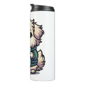 Chien avec tasse de café sur un thermos (Tourné sur la droite)