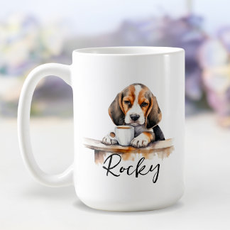 chien beagle avec tasse de café, chien avec attitu