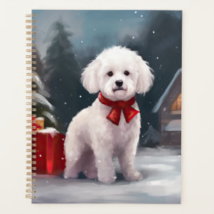 Chien Bichon Frise dans la neige de Noël