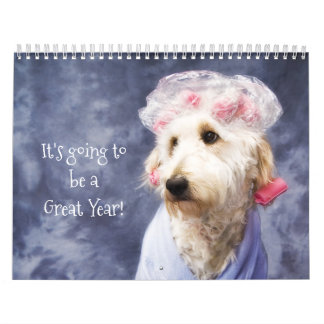 Chien blanc drôle Calendrier Doodle doré