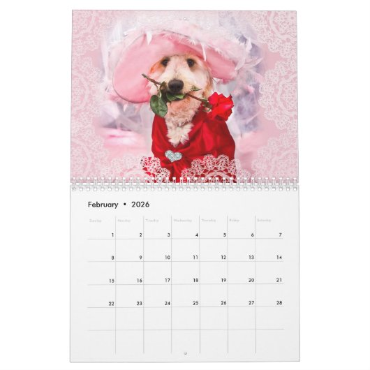 Chien blanc drôle Calendrier Doodle doré (Feb 2026)