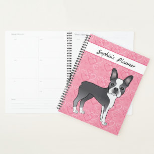 Chien Boston Terrier bleu sur cœurs roses et texte