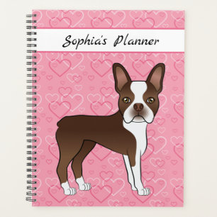 Chien Boston Terrier Brun Sur Cœurs Roses Et Texte