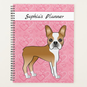 Chien Boston Terrier Fawn sur cœurs roses et texte
