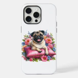 Chien Carlin sur un Coussin avec des Fleurs en Aqu