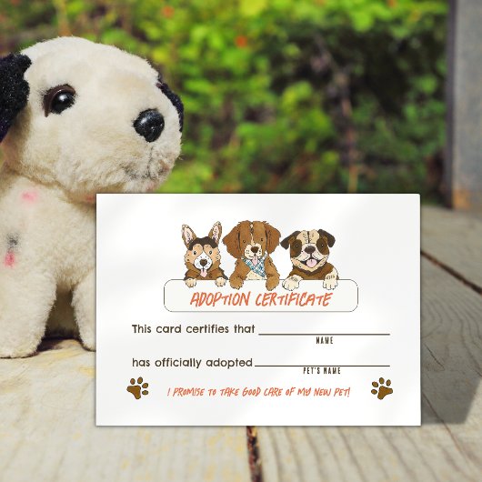 Chien chiot Carte de certificat d'adoption de fête