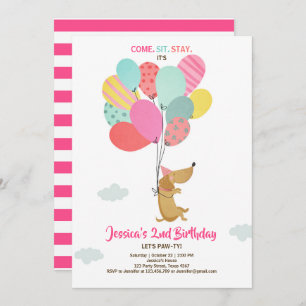 Chien chiot Invitation Anniversaire Ballons Fille 