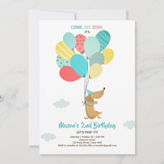 Chien chiot Invitation Anniversaire Ballons Garçon (Devant)