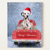 Chien dalmate en neige assis dans un camion de Noë (Dos)