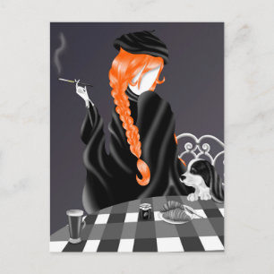 Chien & Dame au café Ginger Hair Carte postale